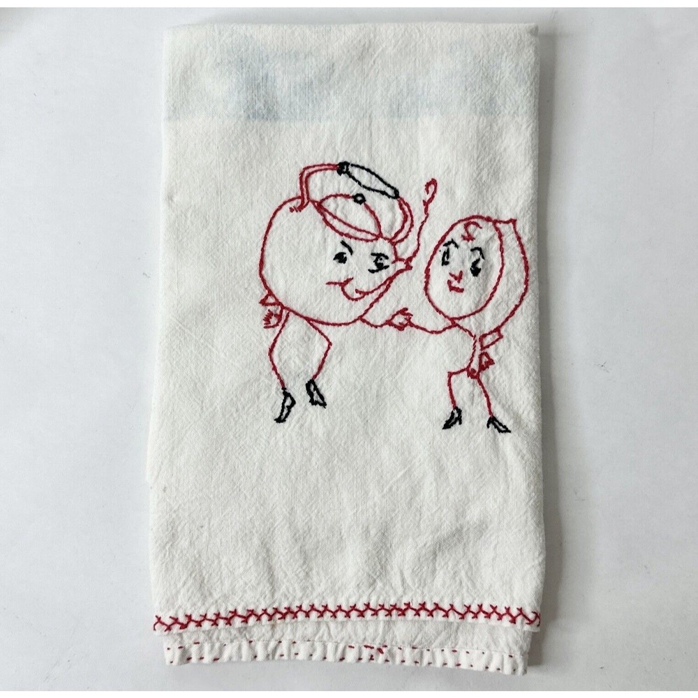 1950’s tea towl embroidered‎ w/tea kettle and tea cup dancing Kitchen Towel